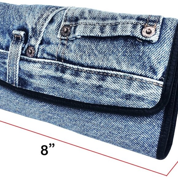 Upcycling Blue Denim Large Capacity Money Flap Roomy Long Wallet Purse for Women - Picture 5 of 7